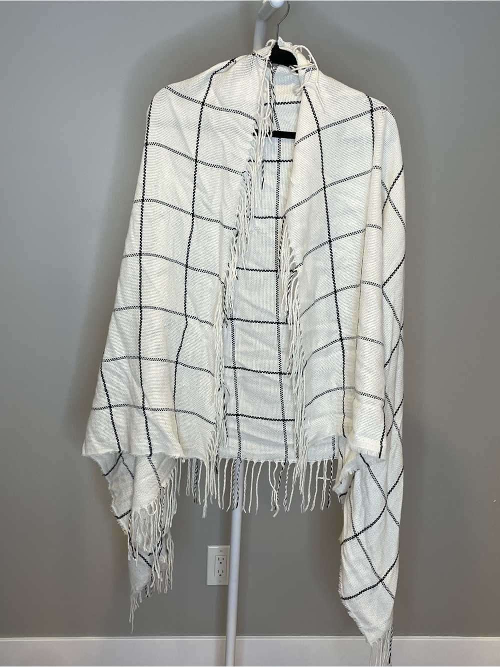 Ivory Windowpane Fringe Shawl Scarf Wrap
